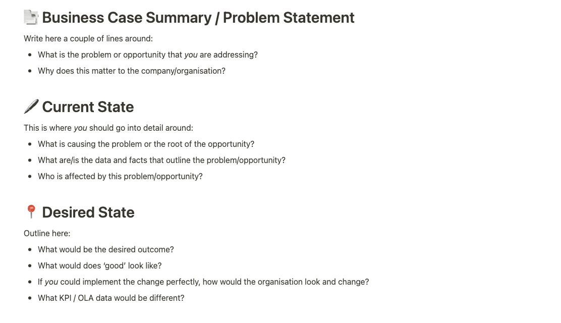 Business case template on Notion