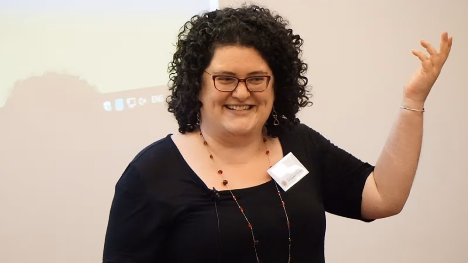 Gretchen presenting at the ARC Centre of Excellence for the Dynamics of Language. Image from Youtube.