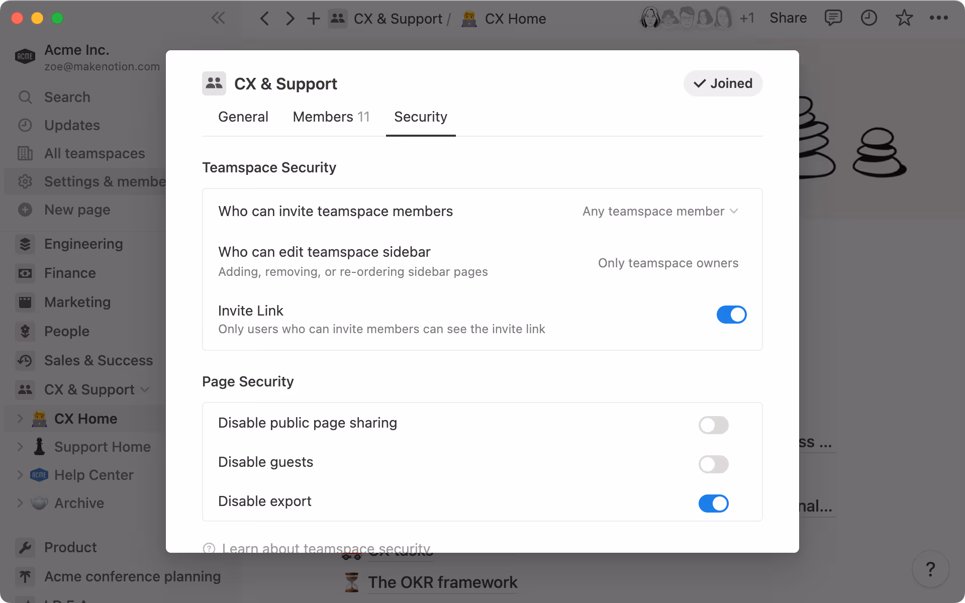 Configure custom security settings for your teamspace to manage external sharing.
