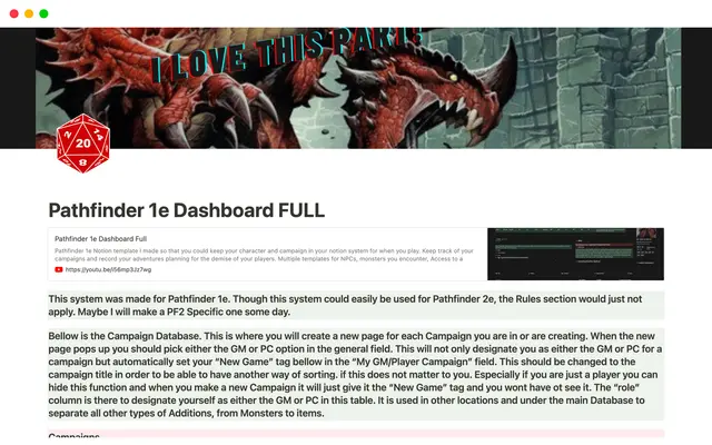 Pathfinder 1e Dashboard FULL